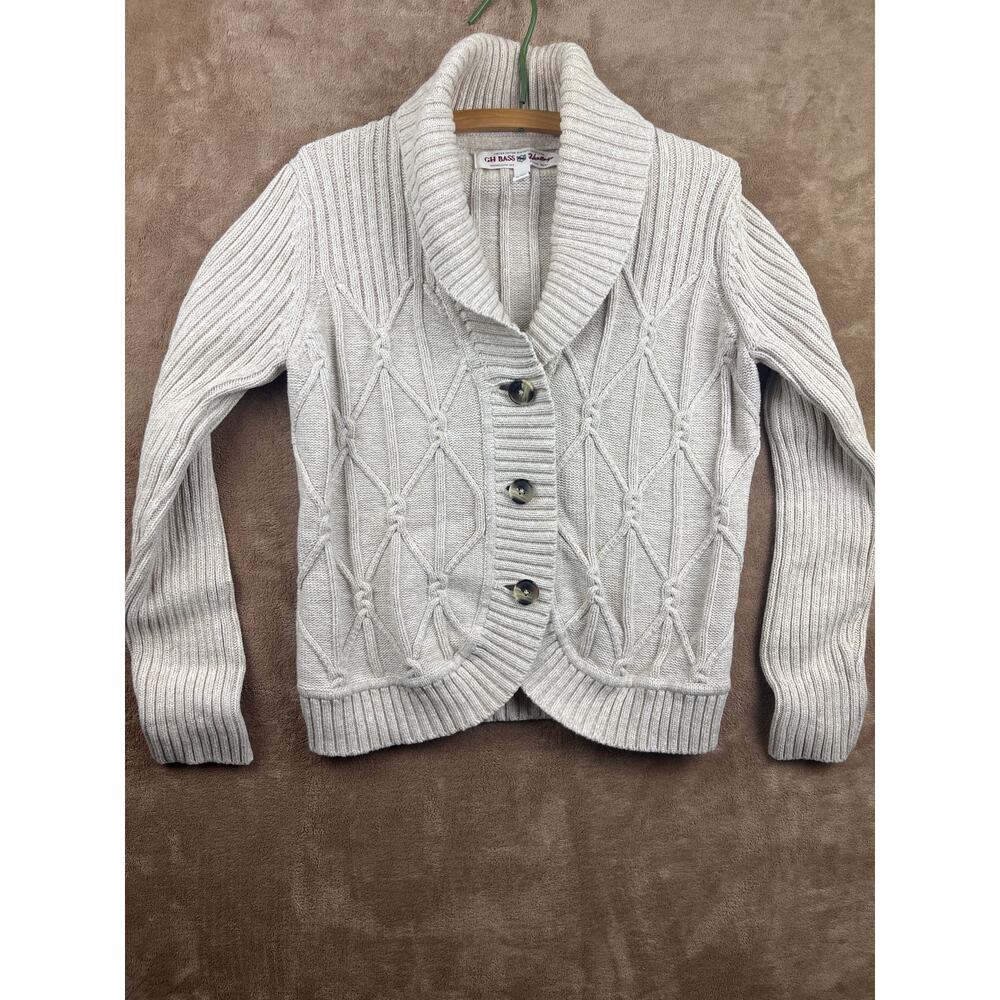 GH Bass Cream Cable Knit Shawl Collar Cardigan Sweater Woman's Large